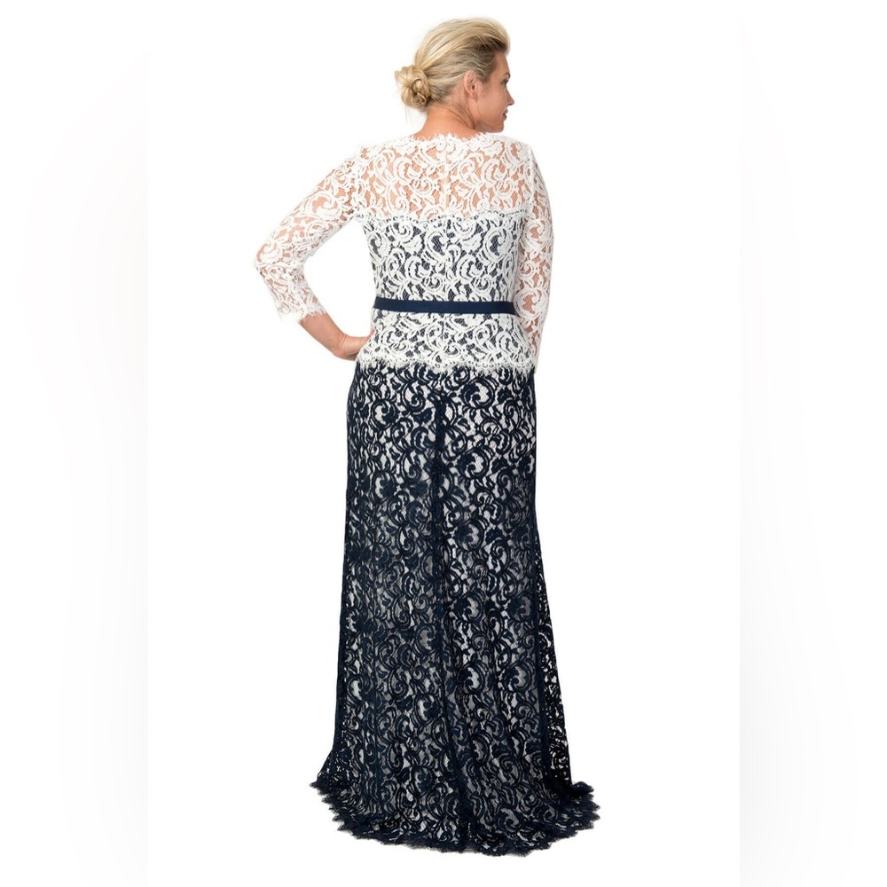 Tadashi Shoji Navy White Boatneck 3/4 Sleeve Lace Belted Black tie Gown 14 - Picture 5 of 13